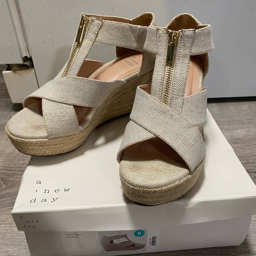 a new day Beige Espadrille Wedge Sandals with Gold Zipper